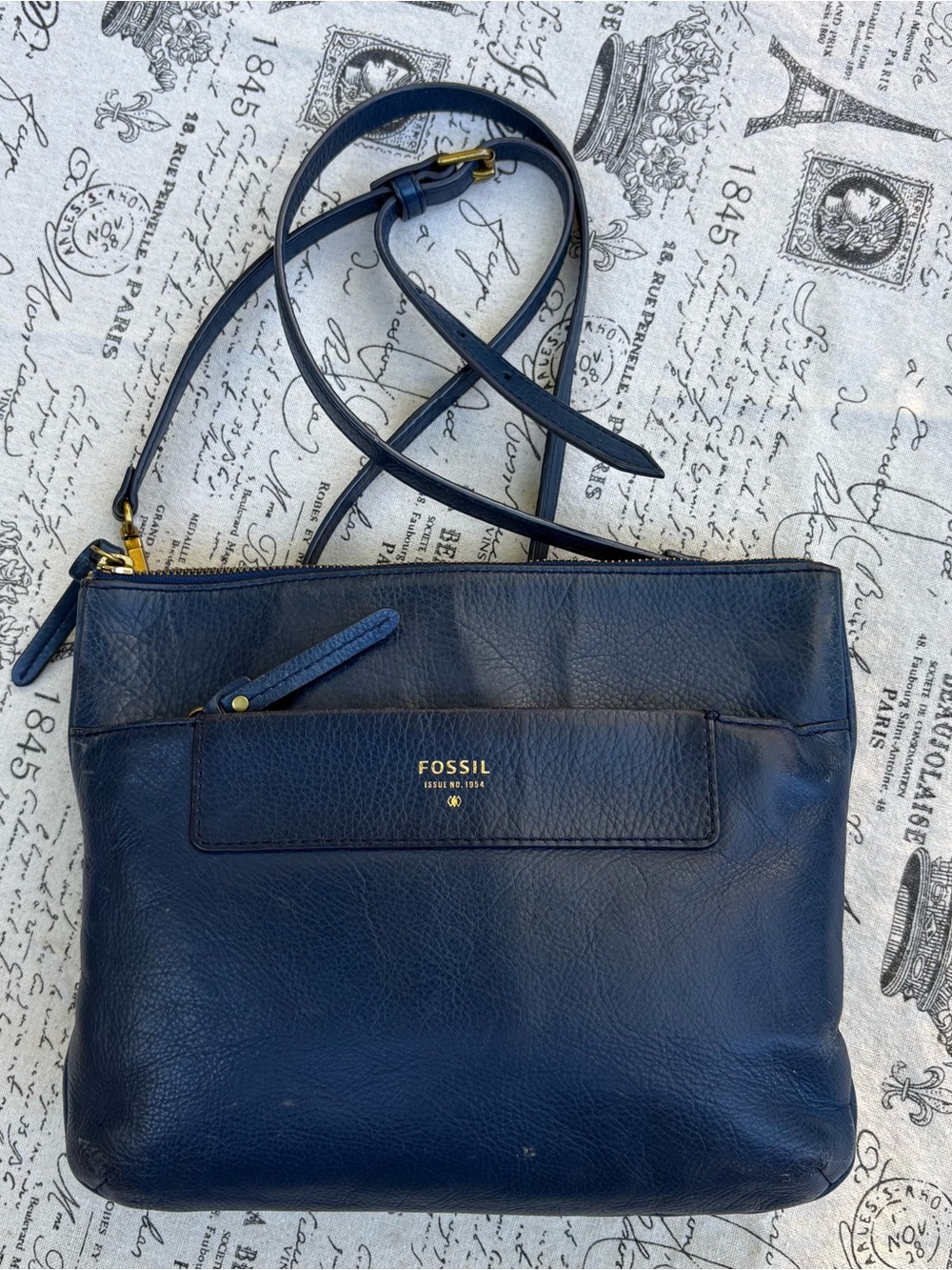 Fossil Navy Leather Crossbody with Brass Hardware